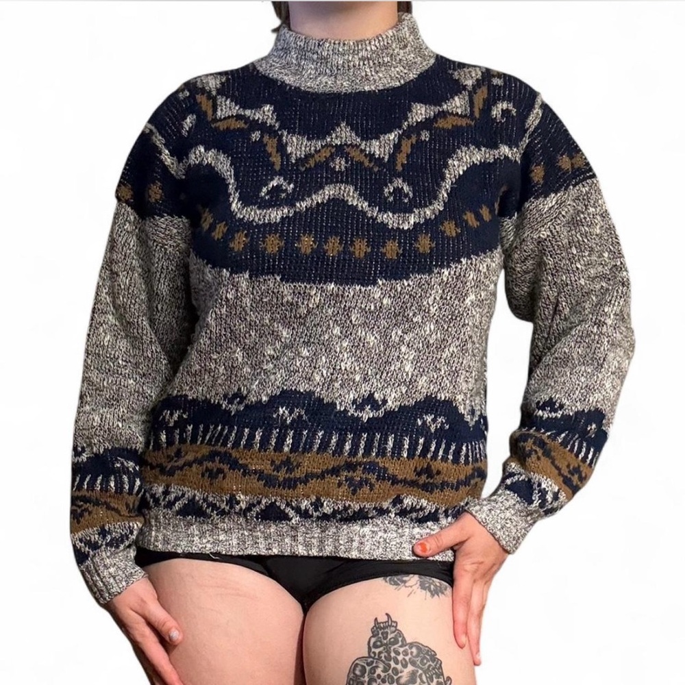 Women's Navy and Brown Patterned Sweater